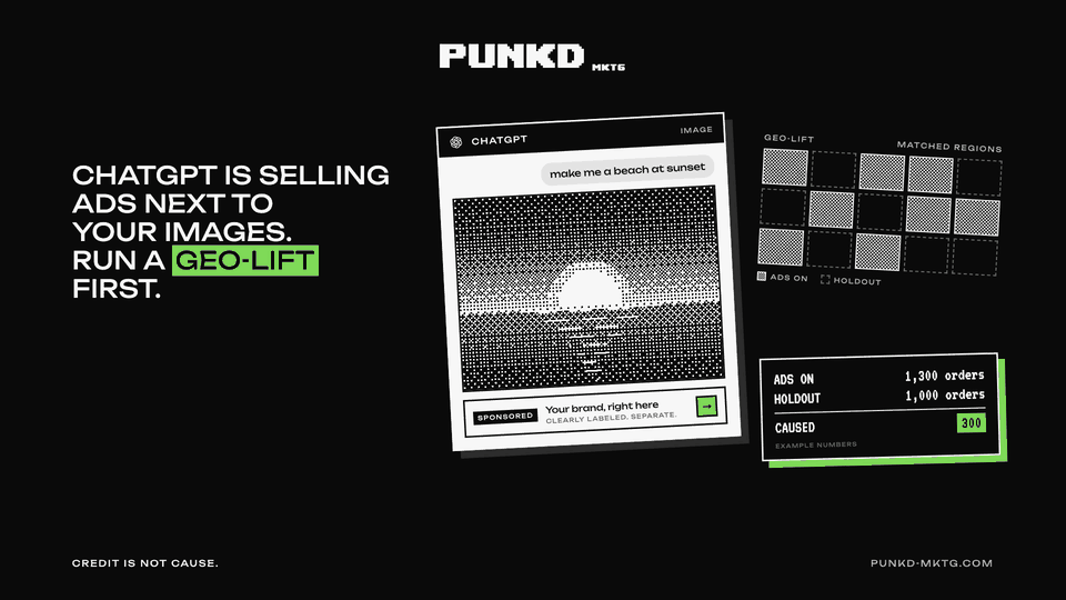 PUNKD cover: ChatGPT will sell ads next to your images. Run a geo-lift first.